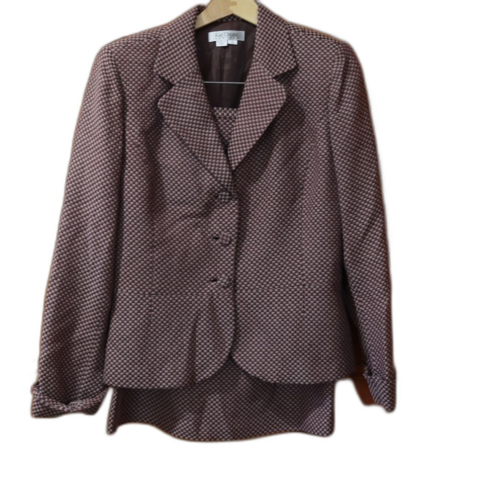Kay Unger Brown Checkered Skirt Suit & Blazer Jacket Set 12 Vintage Chic